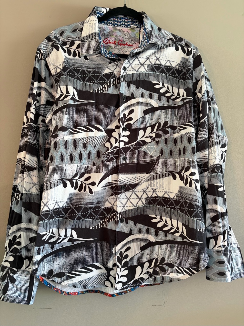 Robert Graham Black & White Botanical-Pattern Classis Cut Button-Down Shirt, L